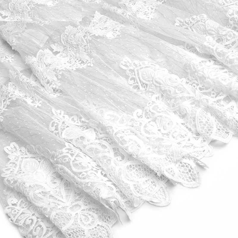 Nowy projektant mody wiosenny damski rękaw z lampionami siatkowy Patchwork haft białe sukienki imprezowe
