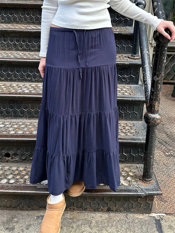 Женские длинные юбки CHRONSTYLE в стиле ретро, элегантные плиссированные однотонные летние юбки с заниженной талией, свободные повседневные юбки, Клубная уличная одежда 2024