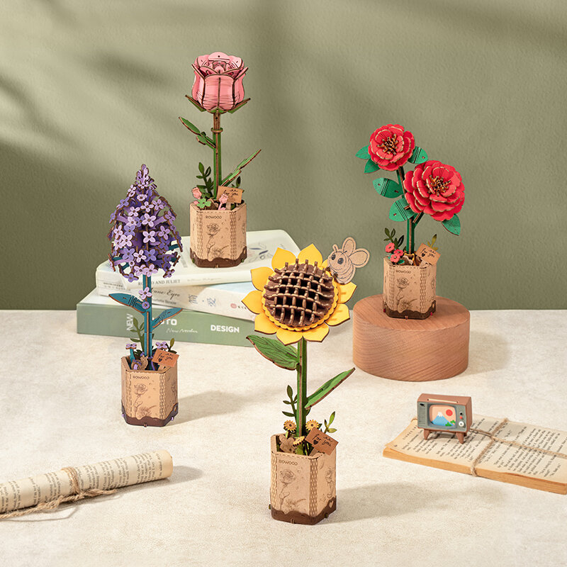 Bouquet de fleurs en bois bricolage, beaux cadeaux faits à la main, matériaux pour amis à soupe, puzzle en bois 3D, décor pour petites amies
