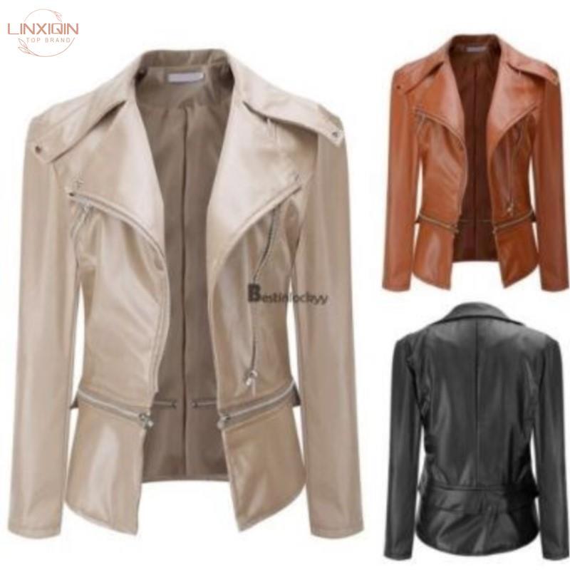 Jaqueta de couro sintético feminina, jaqueta punk feminina, outwear preto, casaco com zíper, outono, nova