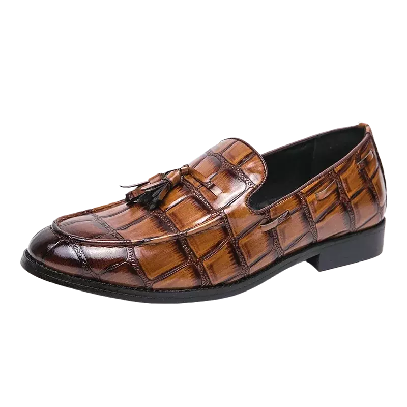 Zapatos formales de negocios para hombres, suela roja, marrón, amarillo, sin cordones, punta redonda, borlas sólidas, patrón de piedra, nuevo