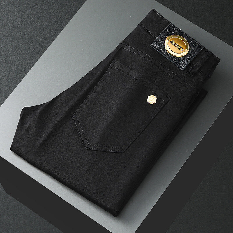 Celana Jeans pria, celana panjang jins tipis regang Slim-Fitting, modis dan semua-cocok warna Solid sederhana musim panas