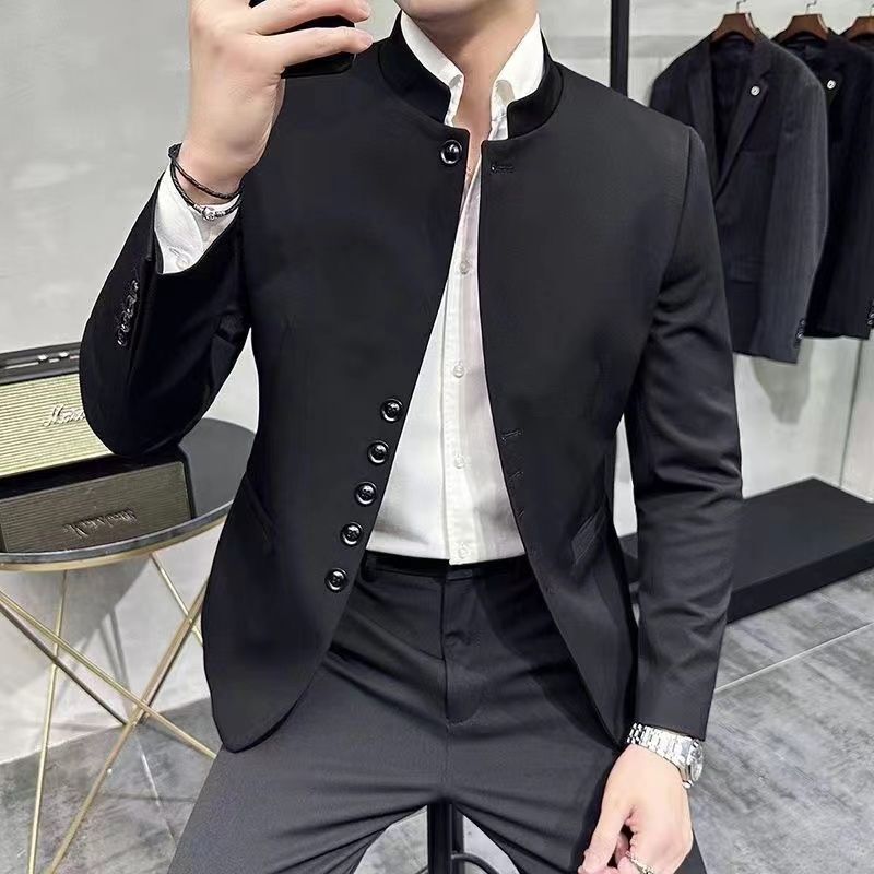 Traje de estilo chino 2-A17 para hombre, chaqueta de alta gama, guapo, cuello alto, informal suuy, Túnica juvenil sin cuello de alta gama s