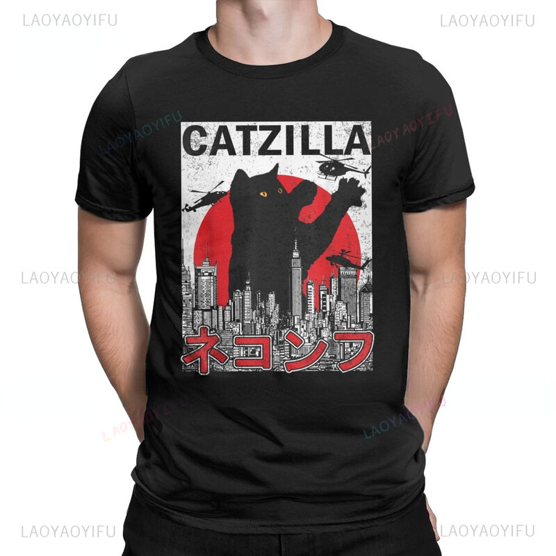 Camiseta divertida de Catzilla para Hombre, camisa informal de gran tamaño con estampado de gato japonés, ropa Harajuku de verano