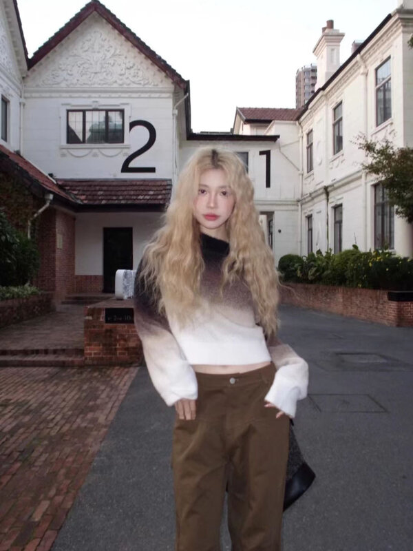 Deeptown Y2K estetico maglione con spalle scoperte donna Vintage gradiente maglione lavorato a maglia elegante Slash spalla top coreano Streetwear