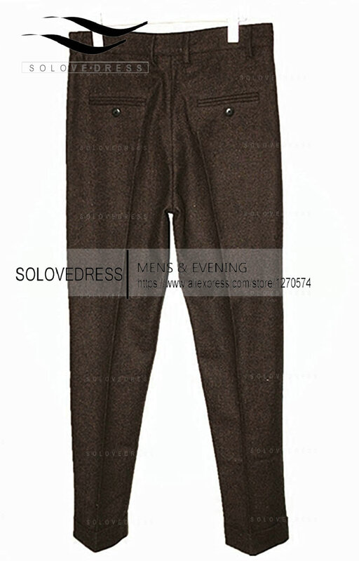Brown Men's Trousers Wool Slim Fit Herringbone Casual Tweed Suits Pants With Hidden Expandable Waist For Wedding Party,