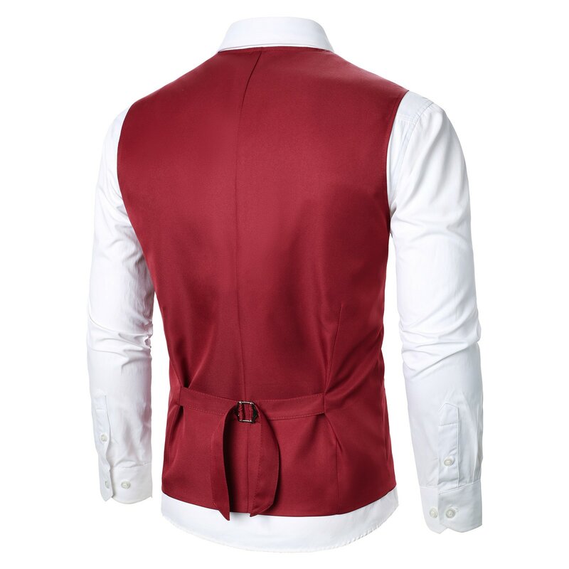 เสื้อสูทลำลองธุรกิจสำหรับผู้ชายเสื้อแจ็คเก็ตม้ากระดุมแถวเดียวแขนกุดทรงเข้ารูปคอวี