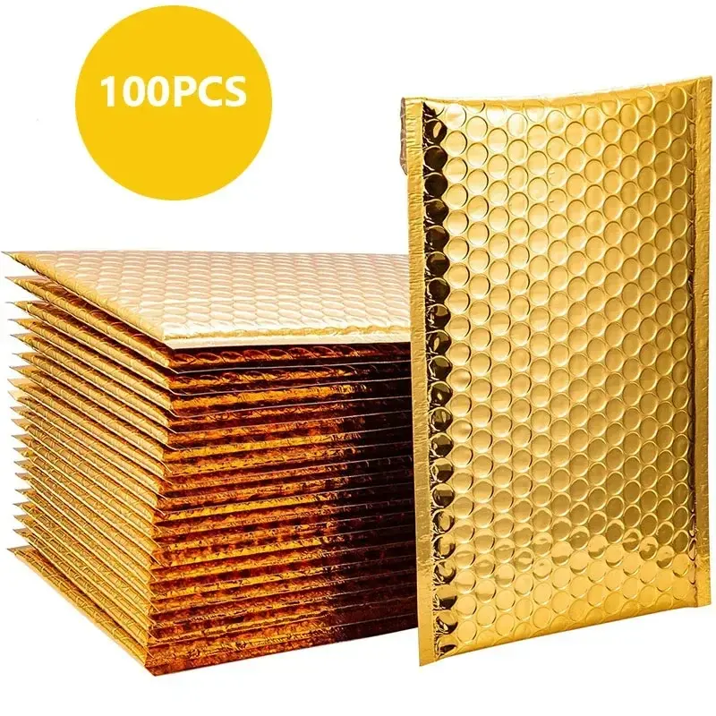 Amplop tahan air Foil buah 100 tas emas gelembung pengiriman metalik pos berlapis hadiah kemasan surat aluminium