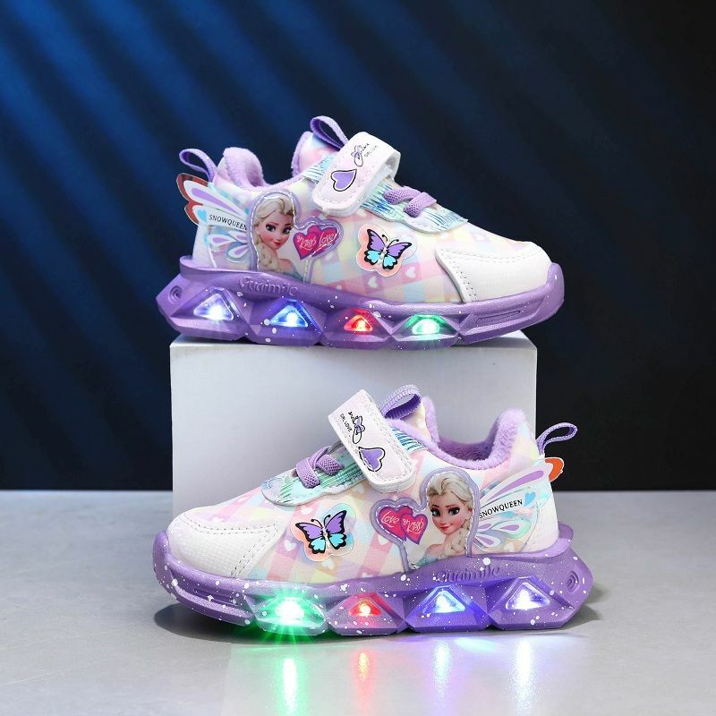Disney LED trampki dla wiosennych dziewczyn Frozen Elsa Princess Print Pu skórzane buty dziecięce podświetlone antypoślizgowe różowe fioletowe
