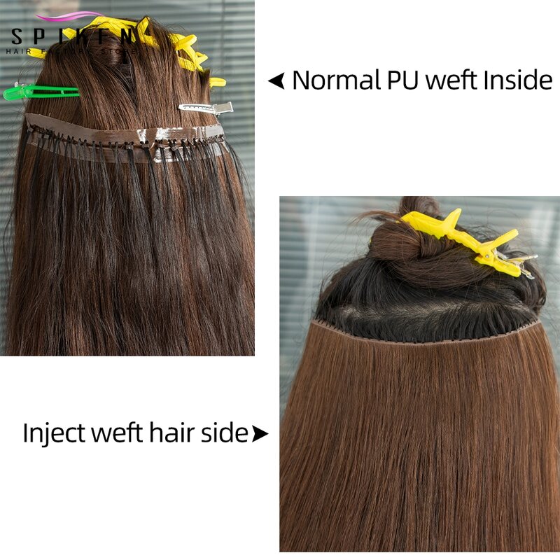 SPIKFN Invisible Hole Weft Human Hair Extensions Twin Tab Weft Hair Straight Pull Through Micro Weft Hair 12-24 inches 30-50g