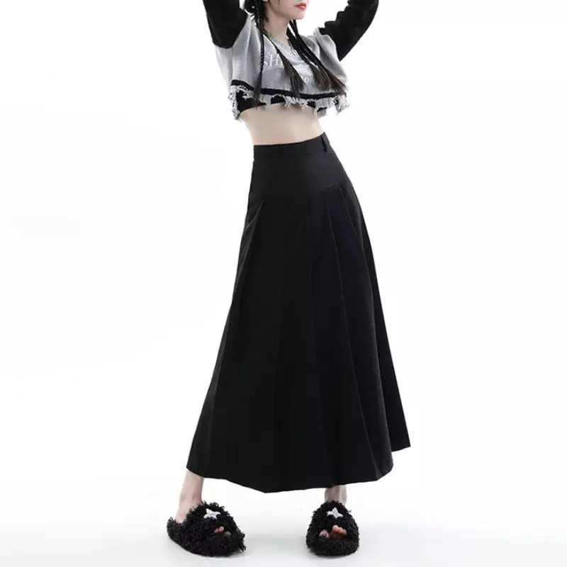 Faldas Vintage grises de longitud media para mujer, Falda plisada de cintura alta con paraguas, ropa de estilo coreano Y2k, primavera y verano