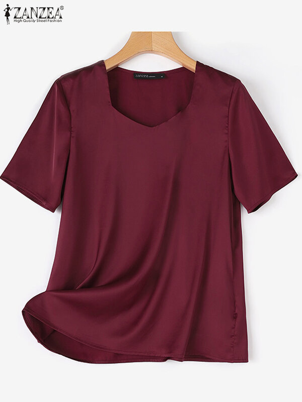 Elegant Satin Blouses Women ZANZEA Blusas 2024 Summer Short Sleeve Peach Heart Collar Solid Color Casual Office Wear Tops Tunic