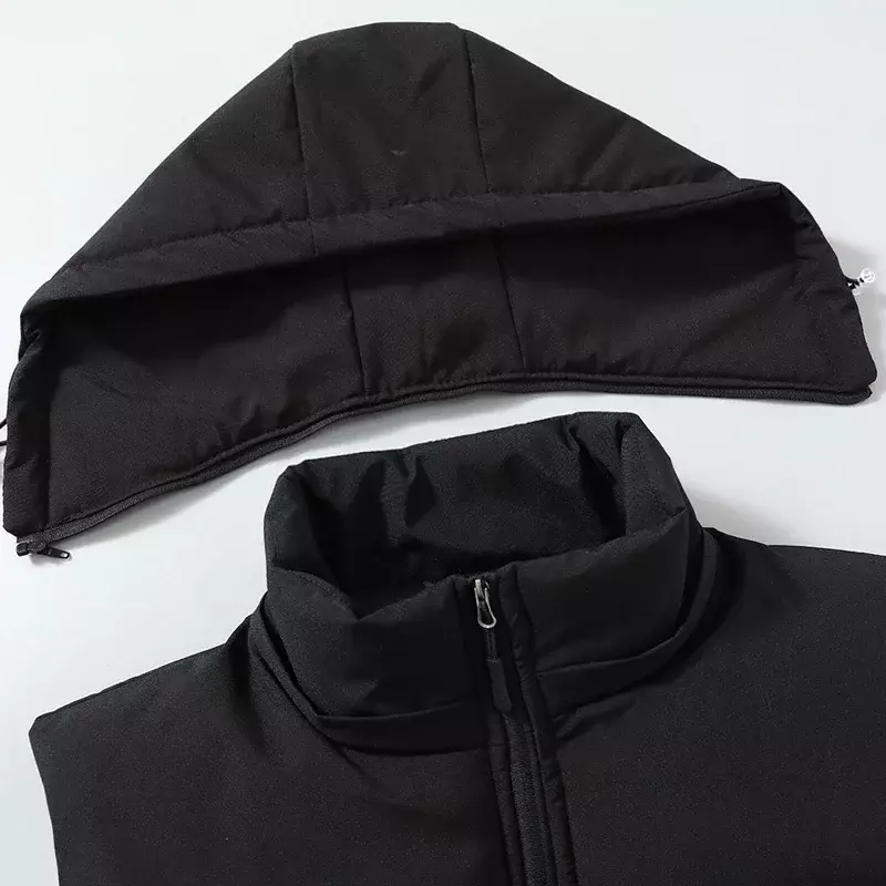 เสื้อกั๊กกันหนาวสำหรับผู้ชาย, 2023มีฮู้ดใหม่เสื้อปาร์เกอะแขนกุดให้ความอบอุ่นหนาเสื้อโค้ทบุนวมสีดำไซส์ใหญ่