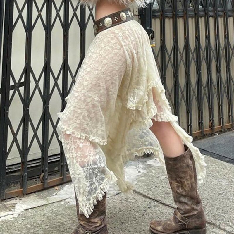 Женские Кружевные Юбки-миди в стиле Харадзюку, асимметричные Прозрачные юбки Y2k, летняя пляжная однотонная женская юбка