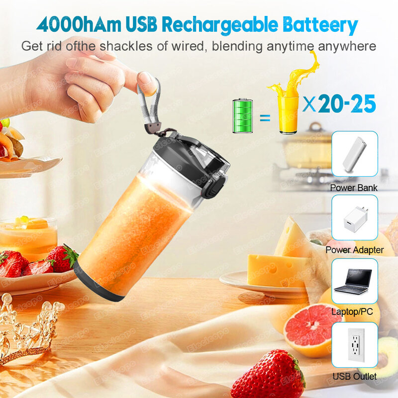 Portable Electric Juicer Fruit Mixers 600ML Blender with 4000mAh USB Rechargeable Smoothie Mini Blender Multifunction Machine
