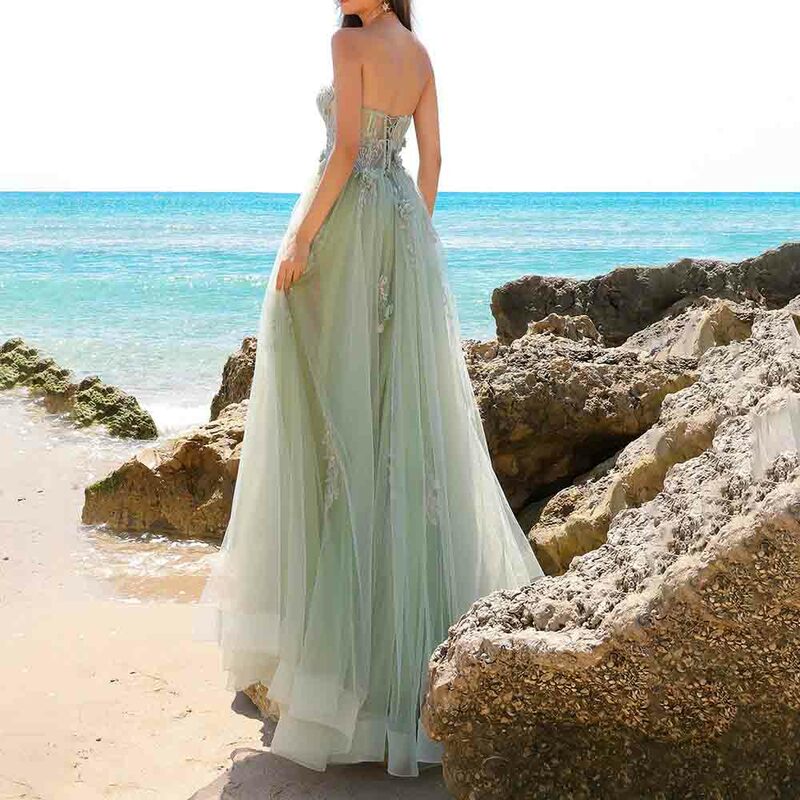 A-Line Tulle Strapeless Sweetheart Lace-Up Open Back Floral Appliques Side Slit Embroidery Sweep Train Prom Evening Dress
