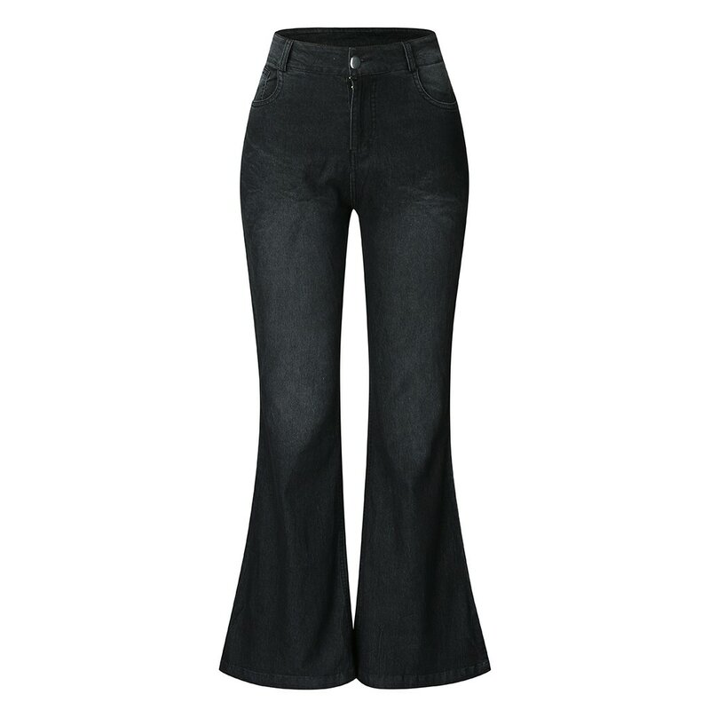 Calças de cintura elástica para mulheres, jeans femininos, comprimento médio, sino, comprimento fino, flare, jeans