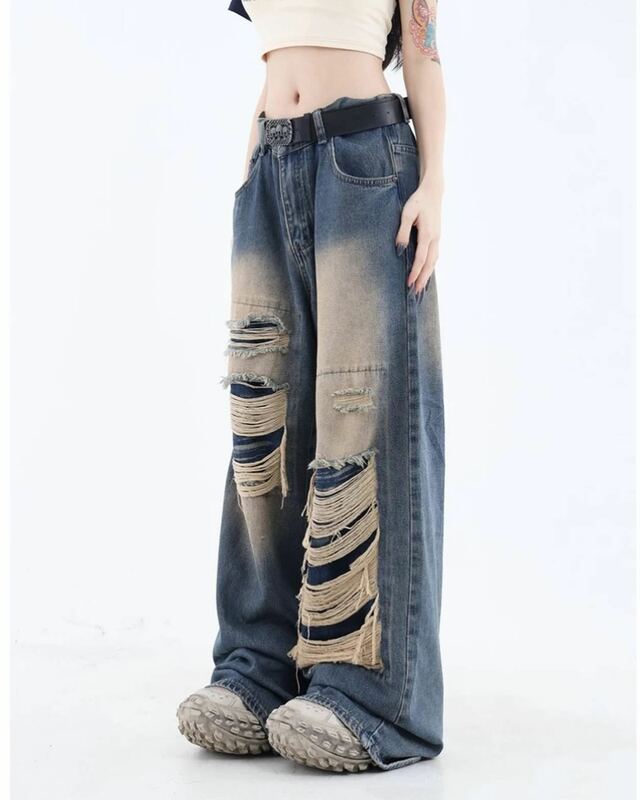 Jeans biru sobek untuk wanita, celana jin lurus Hip Hop Punk longgar kaki lebar Harajuku Y2k baru untuk perempuan