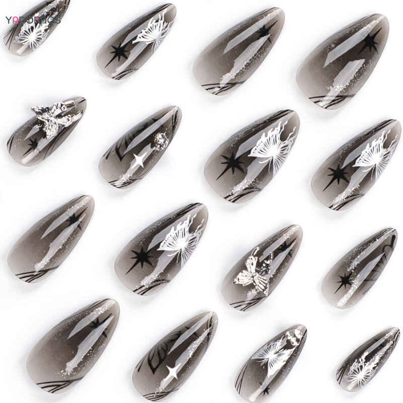 아몬드 가짜 손톱 그라데이션 블랙 프레스 손톱 나비 스타 디자인, Y2K 소녀 착용 가능한 가짜 손톱 팁, DIY 매니큐어, 24 개