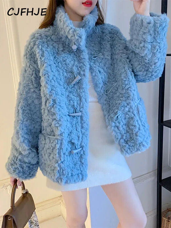 CJFHJE niebieska w stylu Casual nowe zimowe płaszcze kaszmir jagnięcy damskie luźne stójki różowa odzież wierzchnia jednolity kolor pogrubiony kurtki ze sztucznego futra