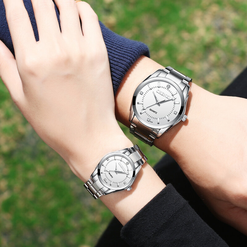 Chenxi นาฬิกาคู่สแตนเลสสายรัดข้อมือควอตซ์ผู้หญิงผู้ชายแฟชั่นของขวัญรายการนาฬิกาของเขาชุด gratis ongkir
