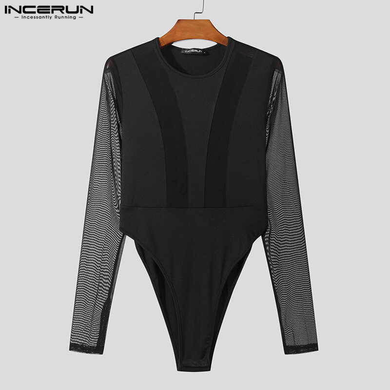 Sexy Stijl Heren Homewear Mode Effen Dunne Mesh Jumpsuits Casual Persoonlijkheid Patchwork Lange Mouwen Bodysuits S-5XL Incerun 2023
