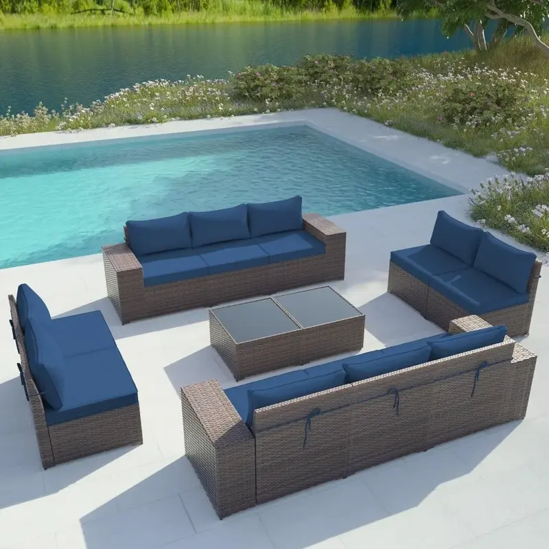 All-Weather PE Rattan Outdoor Furniture Set, Seccional Móveis de vime, Conjuntos de Conversa Pátio, 12 Pcs