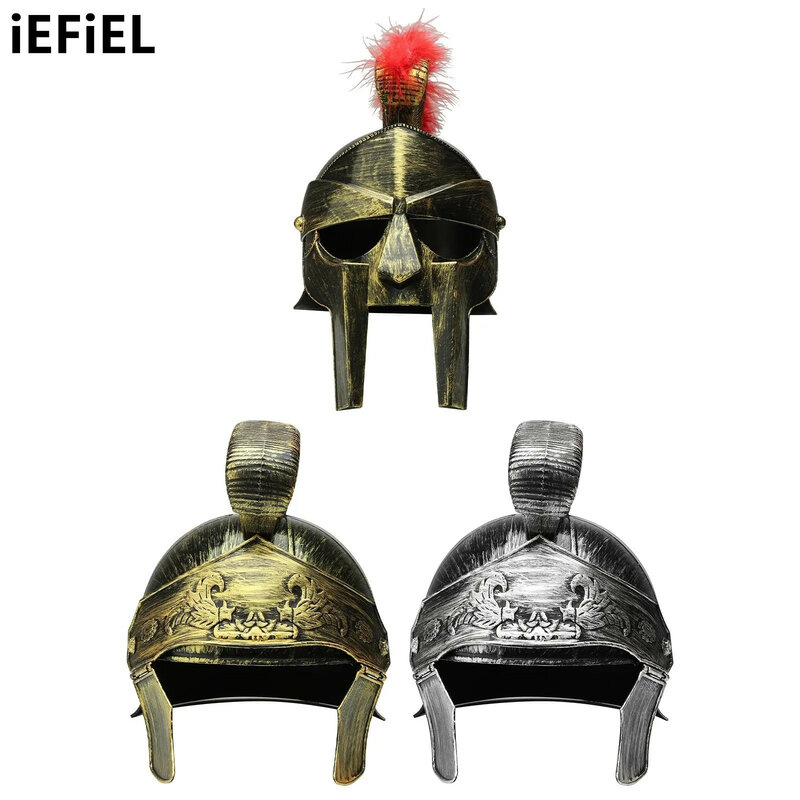 Elmo guerriero romano medievale cavaliere casco in plastica armatura casco in corno goffrato copricapo spartano Trojan per Cosplay di Halloween