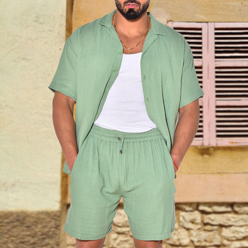 Suit Two-piece Set Holiday Solid Summer Two-piece Set Lapel Linen Suit Men Oversized Shirts Shorts Summer Comfy