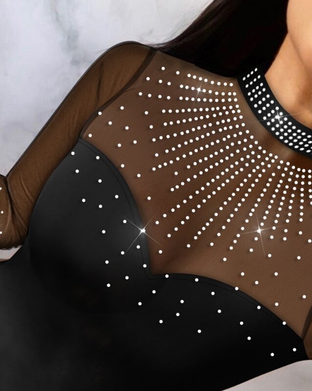 Pakaian Jumpsuit wanita leher bulat, baru 2023 mode lengan panjang berlian imitasi dekoratif Tulle Mesh tambal sulam