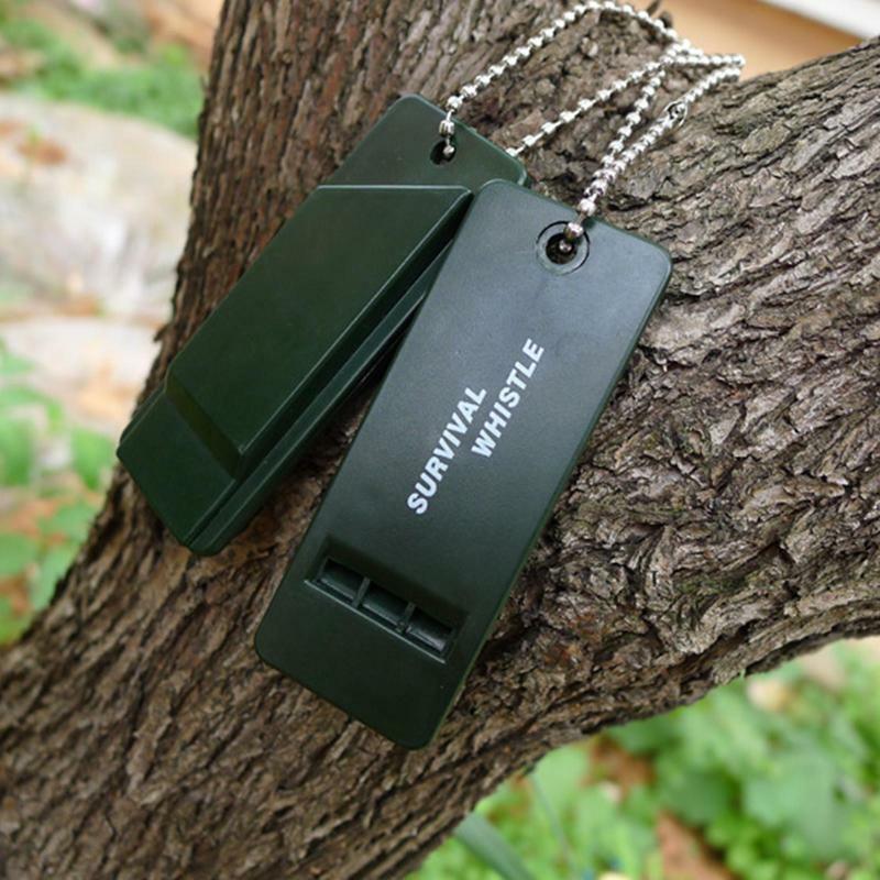 Outdoor Emergency Survival Apito com Keychain, alta Decibel Whistle, Camping Tools, 3-Frequência