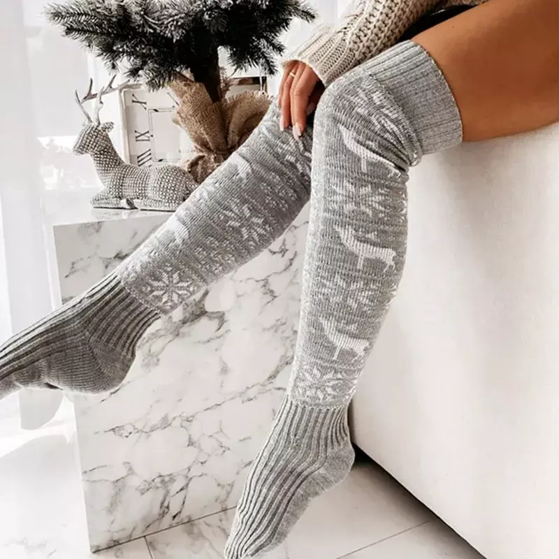 Natal malha meias de lã para mulheres, alces, floco de neve, jacquard, chão, longo, joelho-alto, pilha, transfronteiriço