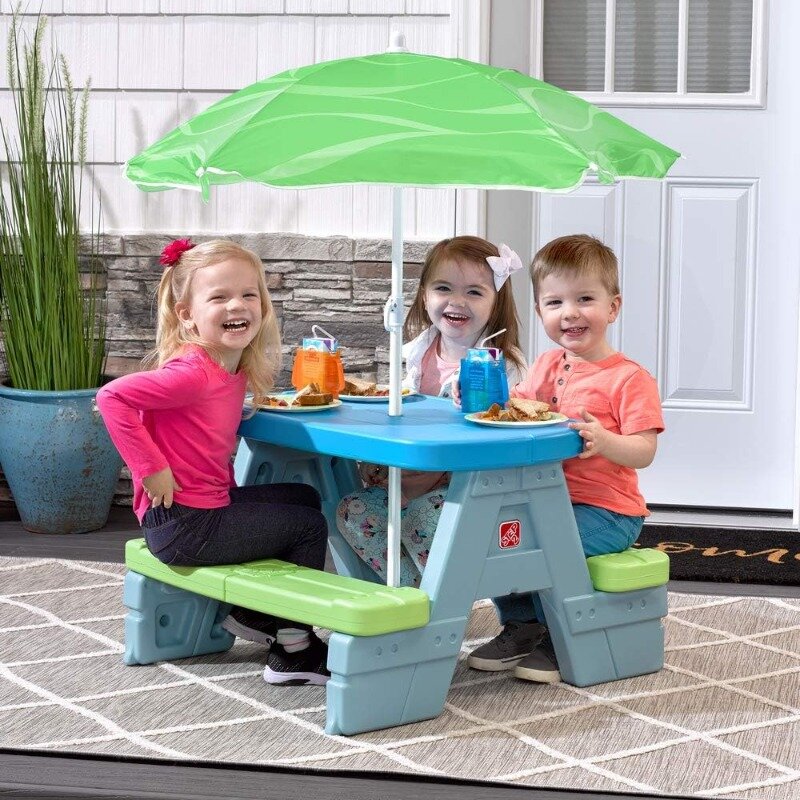 어린이 피크닉 테이블, 탈착식 우산, 실내 및 실외, 어린이 피크닉 테이블 좌석 4 개, 쉽게 조립, 태양 및 쉐이드
