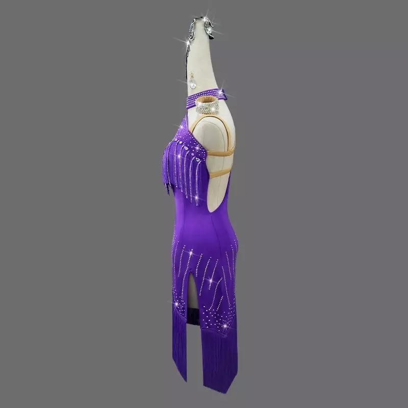 Fioletowy taniec Latin sukienka z frędzlami kobiet profesjonalny konkurs kostium seksowna dziewczyna spódnice na przyjęcie sukienki w garniturze Cha-Cha