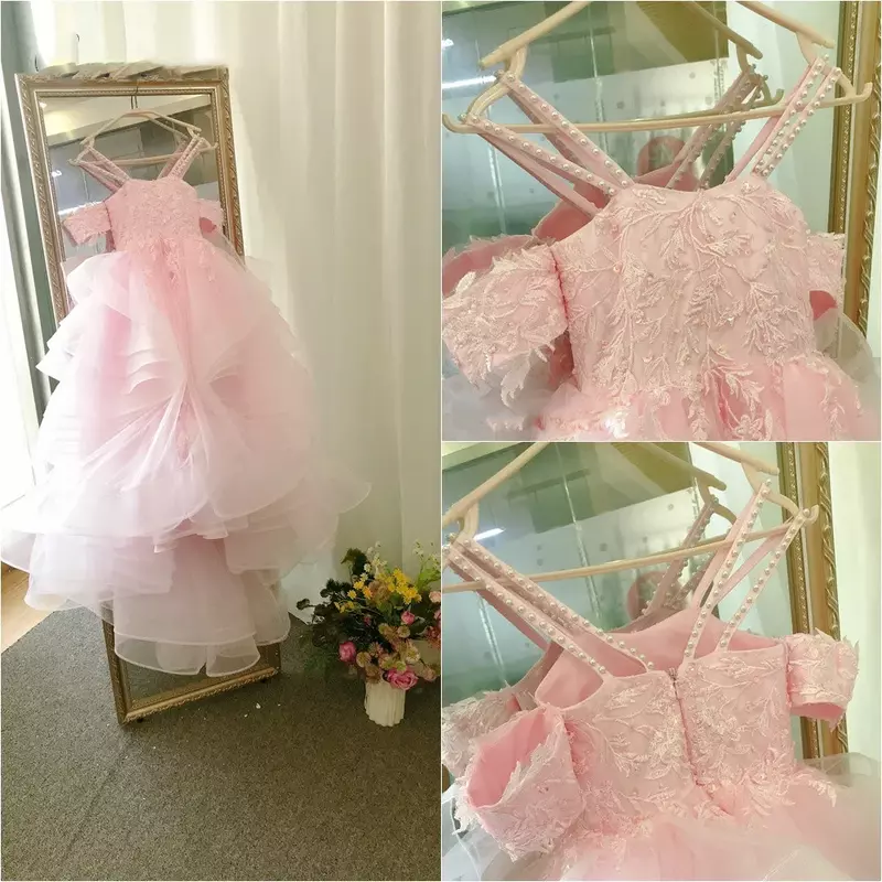 Gaun gadis bunga bahu terbuka yang indah gaun pernikahan kontes gadis Applique panjang gaun pesta ulang tahun putri Ruffles renda