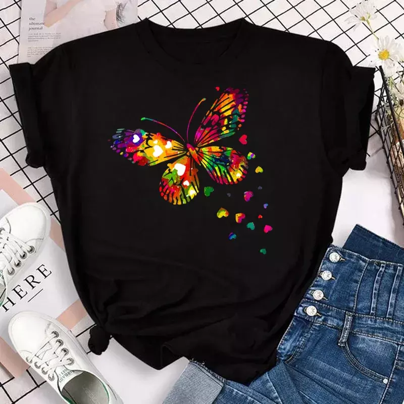 Nowa moda damska t-shirt kolorowy motyl płatek nadruk krótki rękaw i okrągły dekolt śliczne graficzne koszulki bluzki damskie ubrania