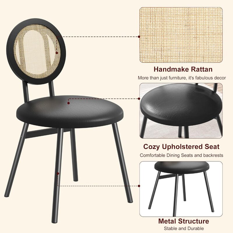 Sillas de comedor de mimbre con tapizado grueso, Juego de 4 asientos modernos de color negro para cocina, ahorro de espacio