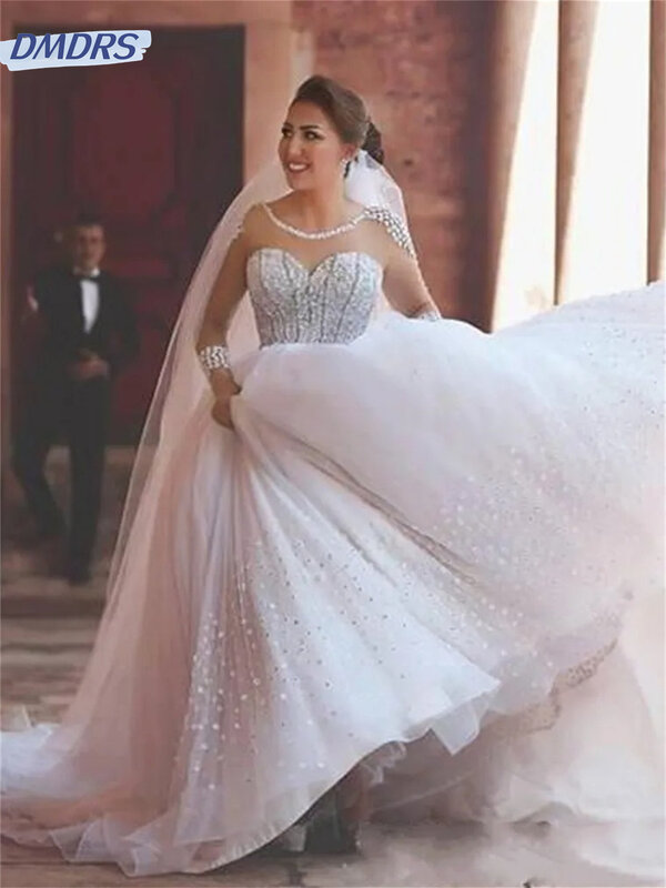 Очаровательное платье с длинным рукавом, 2024, Элегантное свадебное платье с аппликацией, романтичное платье-трапеция до пола, платья для невесты