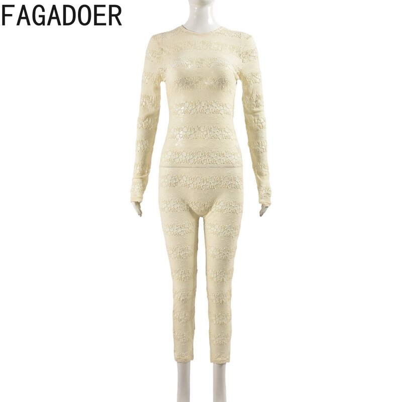 FAGADOER Romper Bodycon punggung terbuka renda seksi aprikot jumpsuit ramping lengan panjang leher bulat wanita 2024