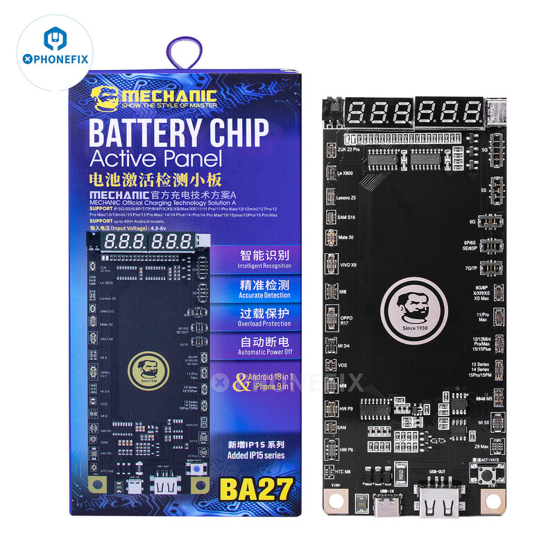 Panel de activación de batería Mechanic BA27 con un clic para iPhone 5-15 Pro Max y Android, detección de batería de carga rápida