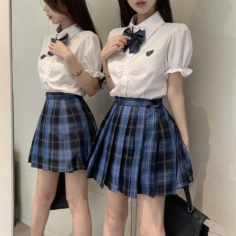 Japanese Korean Style Student Short Sleeve Shirts Blue Plaid Pleated Skirt Set Hot Girl Y2k Improved Jk Uniform Set