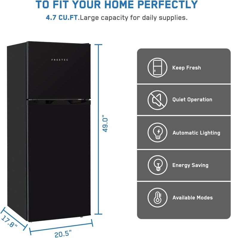 냉동고가 있는 소형 냉장고, 상단 냉동고, 온도조절기 조절 가능, 문짝 스윙, 블랙 냉장고, FR 472 BK