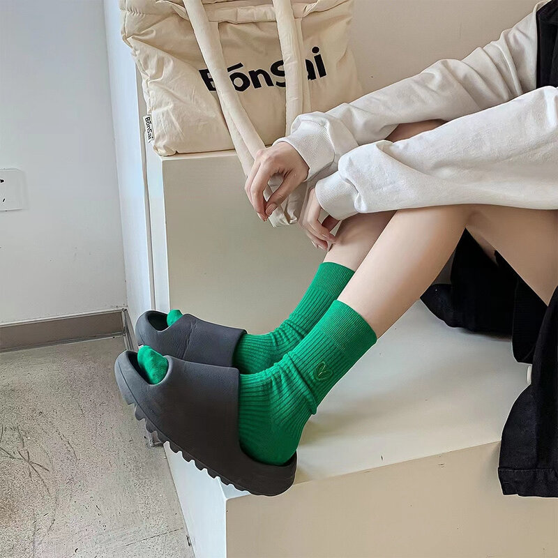 Socks stockings Women's spring and autumn solid color cotton love embroidered pile pile socks mid-tube sports socks