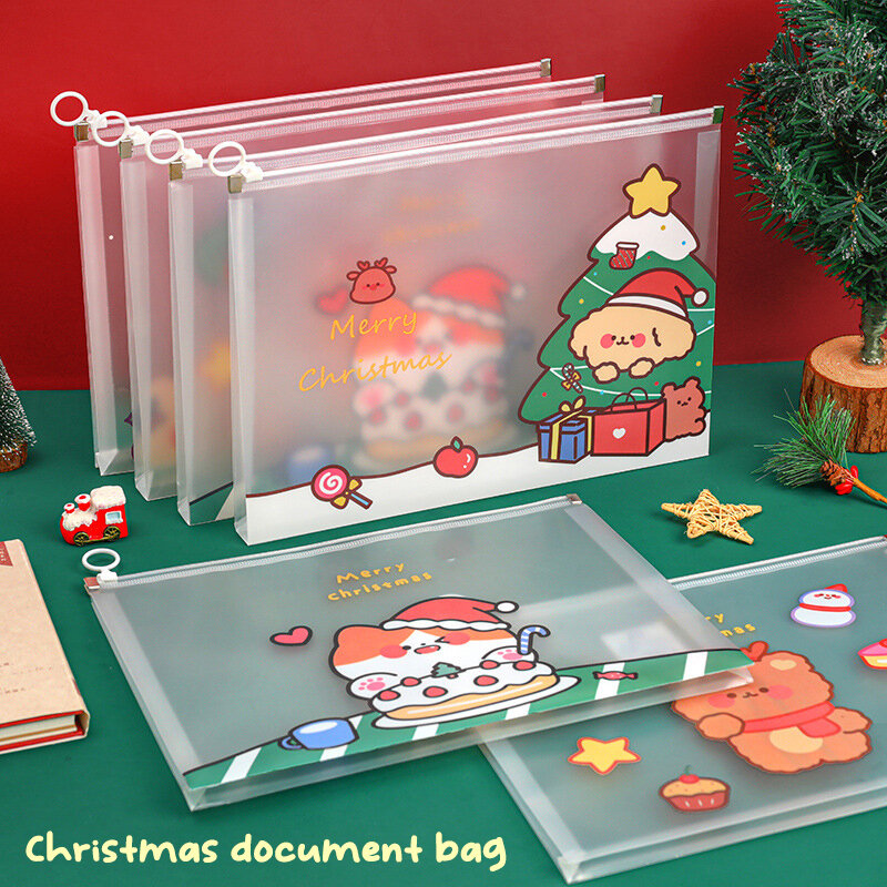 Cartoon Merry Christmas File Folder High Capacity Waterproof Transparent Visual File Organizer Cute Christmas Cat Dog Snowman