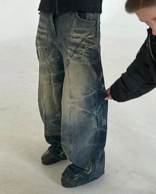 Retro z wysokim stanem workowate dżinsy Y2k dżinsy Punk Hip Hop porwane dżinsy dla kobiet Harajuku z szerokimi nogawkami luźne spodnie Streetwear
