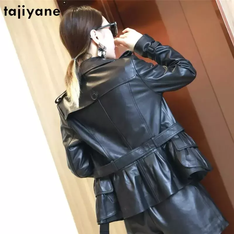 Tajiyane-女性用本革ジャケット,ショート,スリム,レザー,韓国のファッション,シープスキン,コートベルト,2023