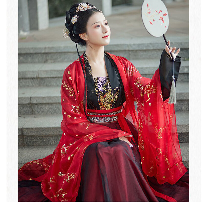 فستان هانفو صيني تقليدي للنساء ، ملابس تنكرية ، ملابس خرافية ، زي قديم ، أحمر ، تطريز زهور ، طالب مدرسة