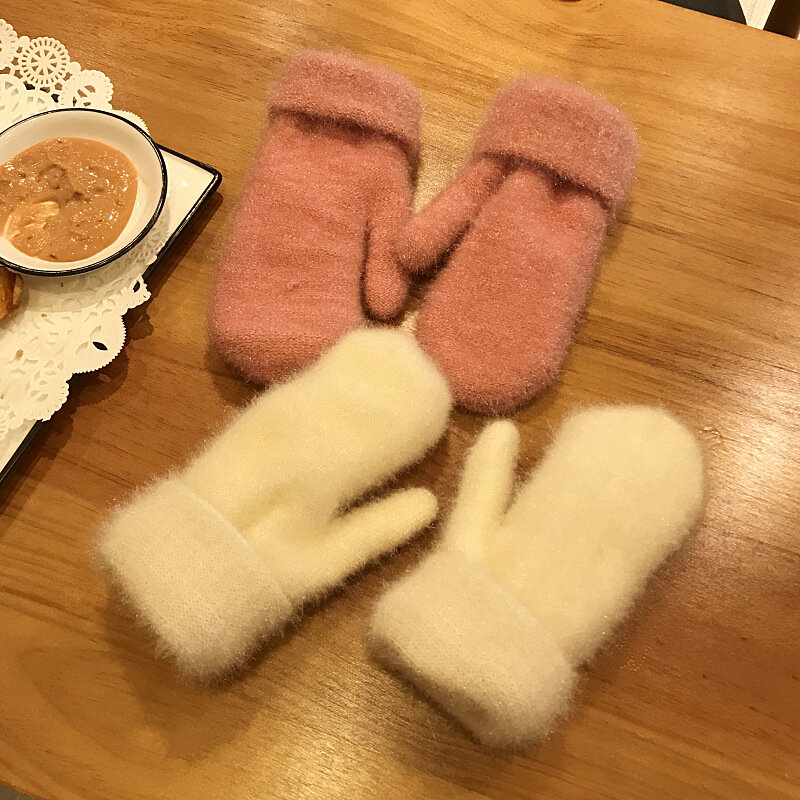 Женские зимние теплые вязаные плюшевые перчатки с закрытыми пальцами, однотонная Корейская версия, Женская Толстая теплая искусственная кожа кролика, 2023