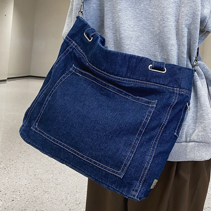กระเป๋าสะพายข้างผ้ายีนส์สำหรับผู้หญิงสีน้ำเงินเข้มกระเป๋าสะพายข้างทรง Tali bahu สีทึบมีตราสินค้าดั้งเดิมกระเป๋านักช้อปผู้หญิงมีดีไซน์