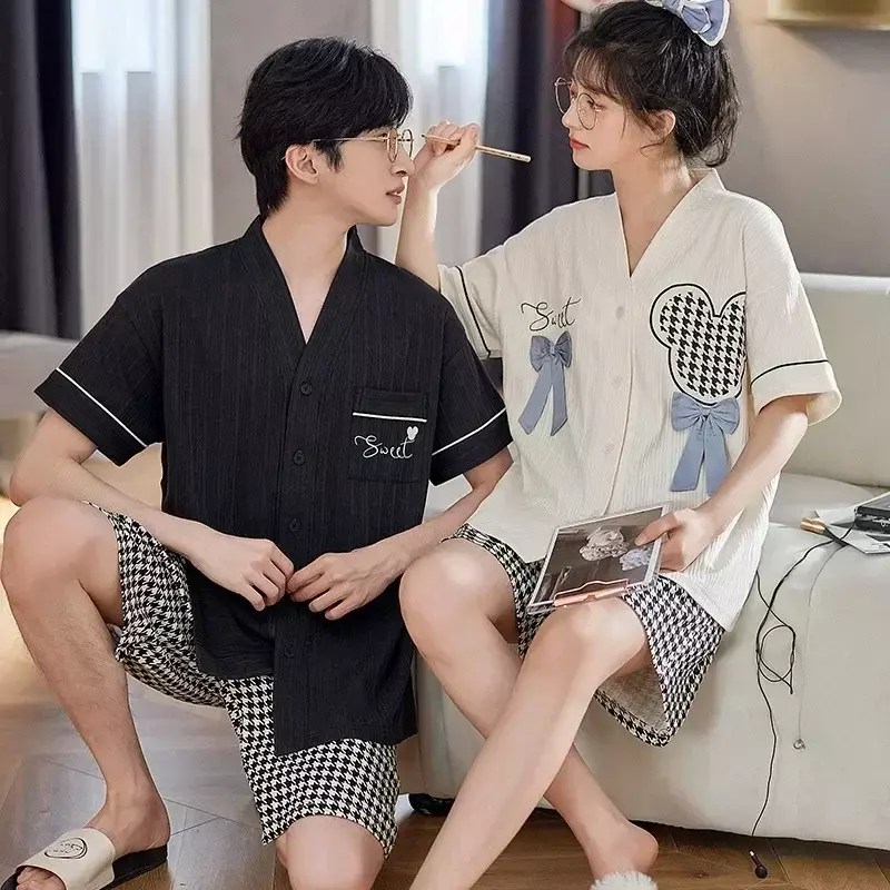 Nightwear For Women Short Pant Cotton Clothes Japan Tops Summer Pajamas Sleeping Couples Set Men Loungewear Hombre Home